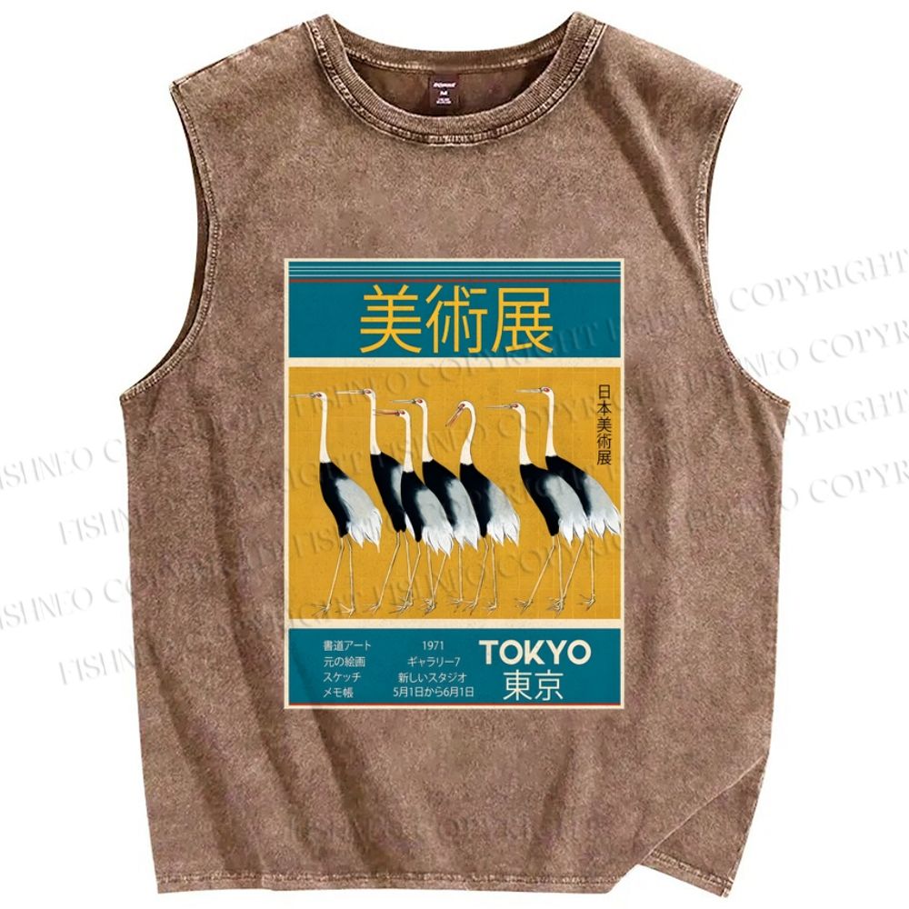 Unisex Tokyo Art Museum Crane Printed Washed Tank Top