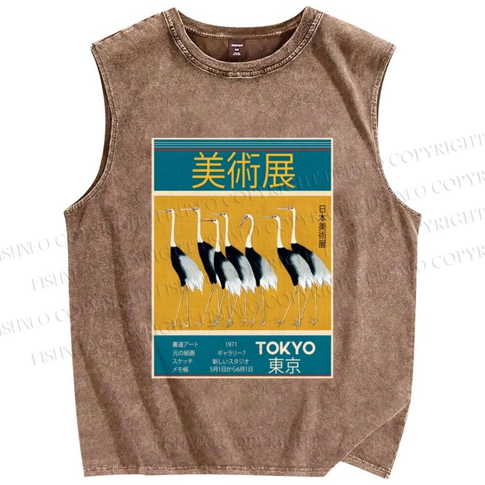 Unisex Tokyo Art Museum Crane Printed Washed Tank Top