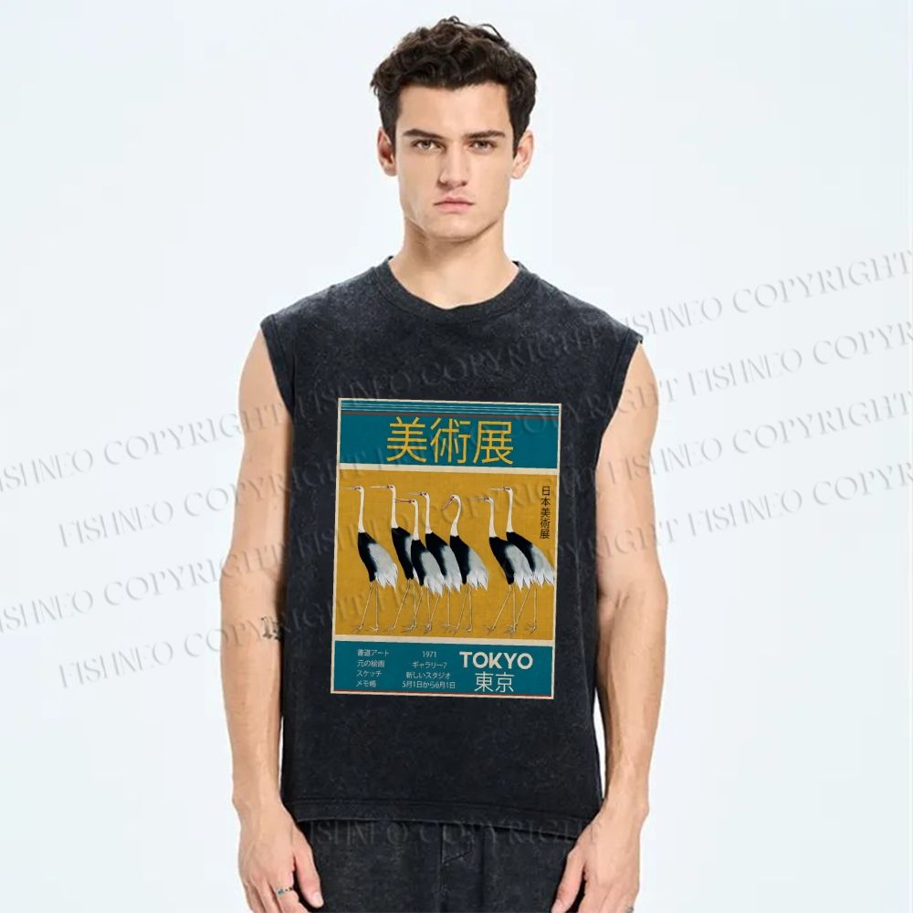 Unisex Tokyo Art Museum Crane Printed Washed Tank Top