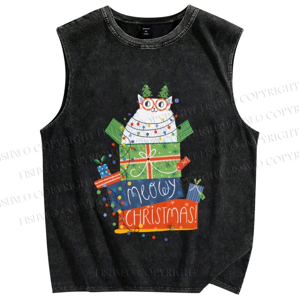 Unisex Christmas Cat Meowy Christmas Printed Washed Tank Top