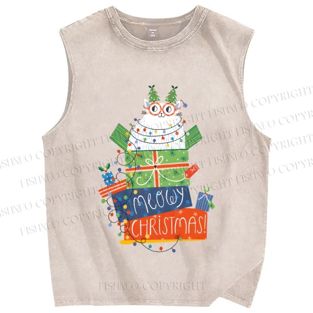 Unisex Christmas Cat Meowy Christmas Printed Washed Tank Top