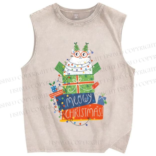 Unisex Christmas Cat Meowy Christmas Printed Washed Tank Top