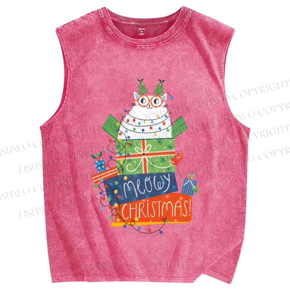 Unisex Christmas Cat Meowy Christmas Printed Washed Tank Top