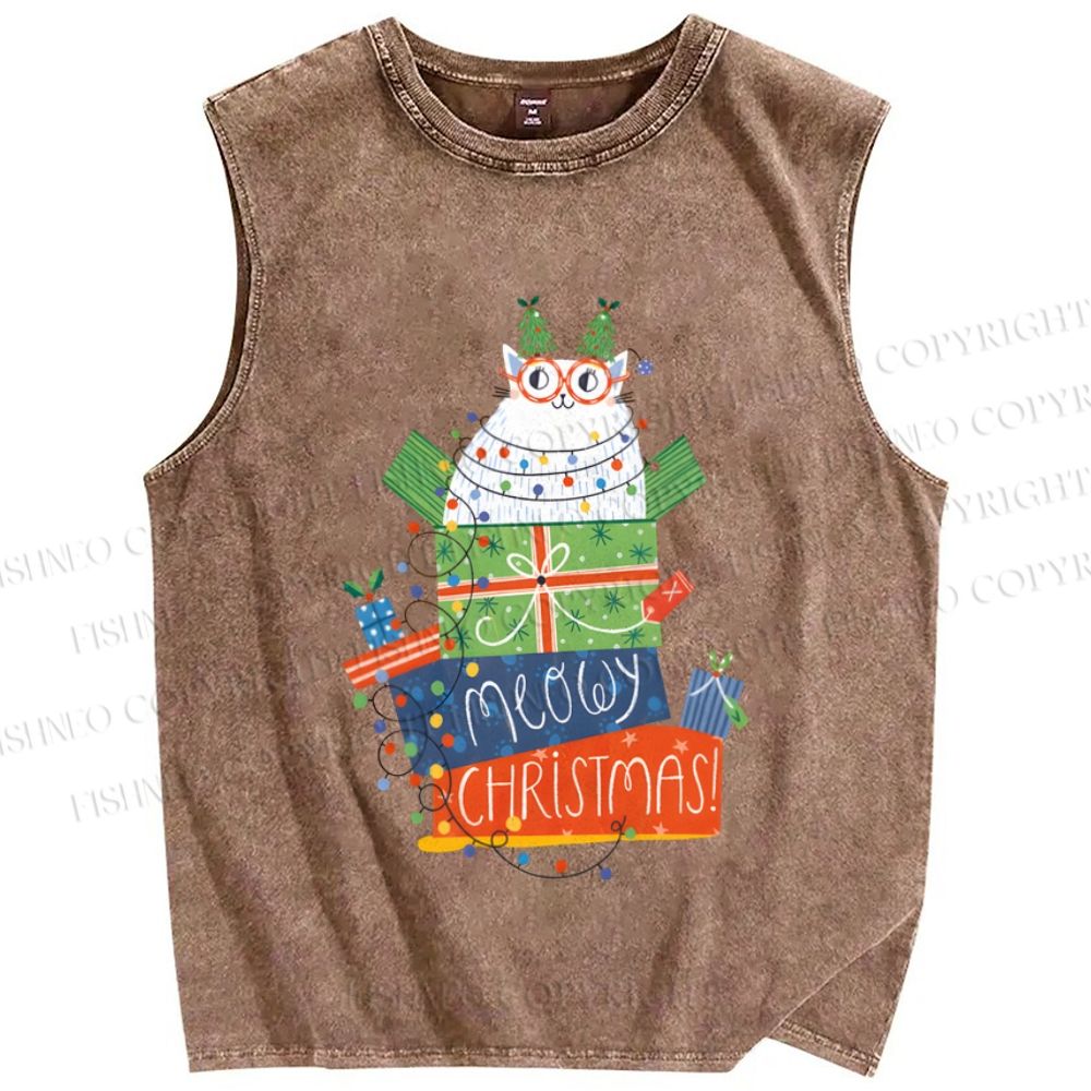 Unisex Christmas Cat Meowy Christmas Printed Washed Tank Top
