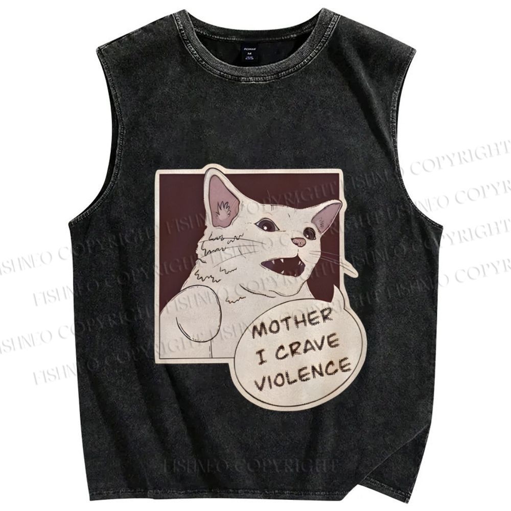 Unisex Meme Cat Crave For Violence Printed Washed Tank Top