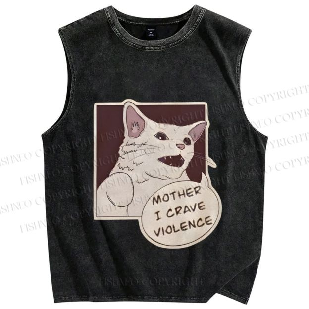 Unisex Meme Cat Crave For Violence Printed Washed Tank Top