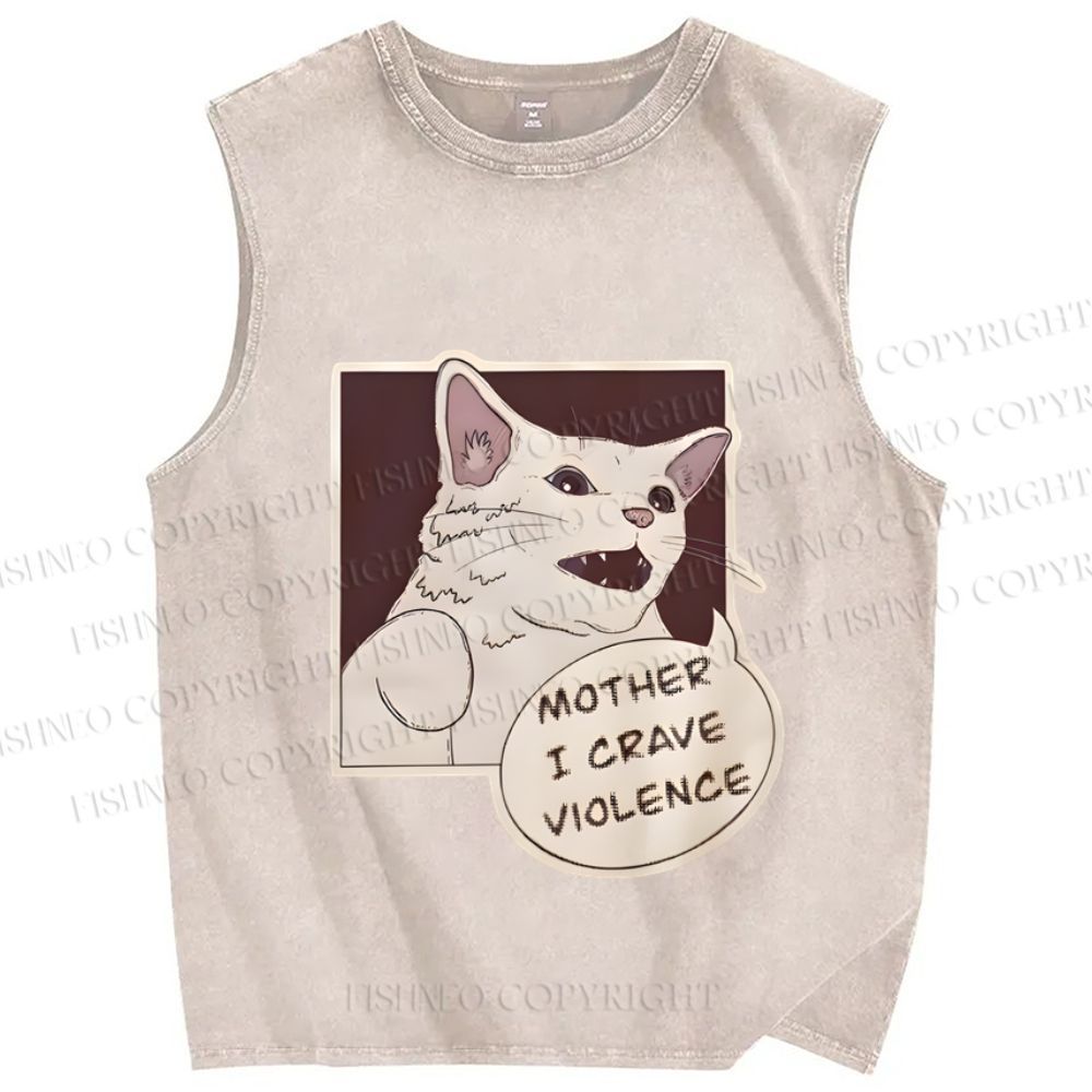 Unisex Meme Cat Crave For Violence Printed Washed Tank Top