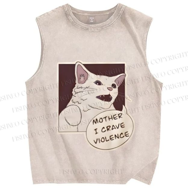 Unisex Meme Cat Crave For Violence Printed Washed Tank Top