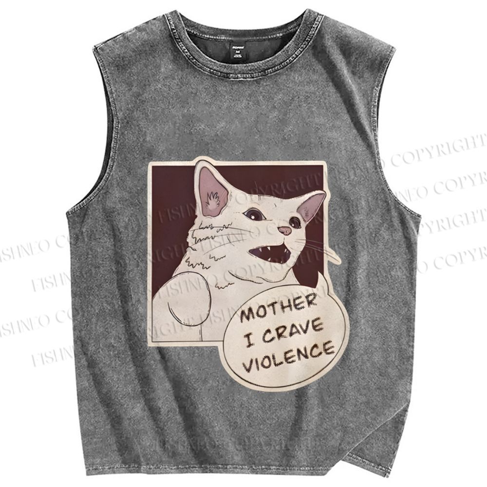 Unisex Meme Cat Crave For Violence Printed Washed Tank Top