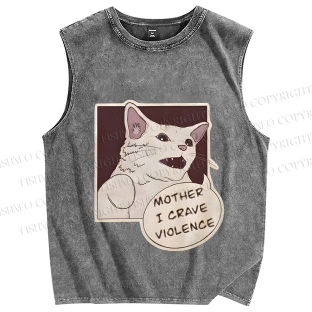 Unisex Meme Cat Crave For Violence Printed Washed Tank Top