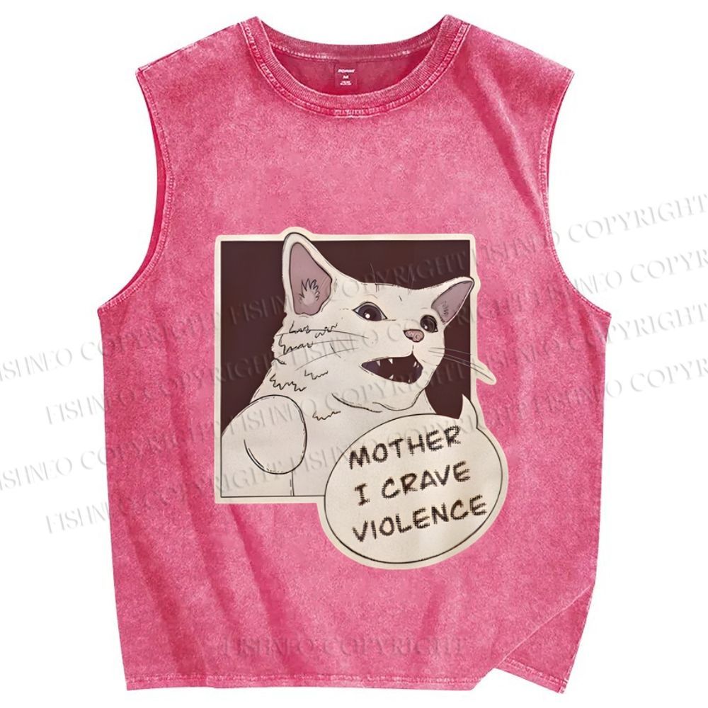 Unisex Meme Cat Crave For Violence Printed Washed Tank Top
