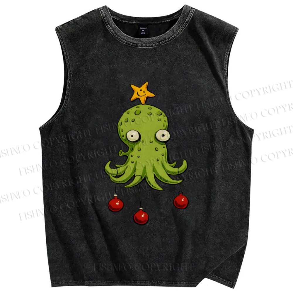 Unisex Silly Octopus Hang With Christmas Ball Printed Washed Tank Top