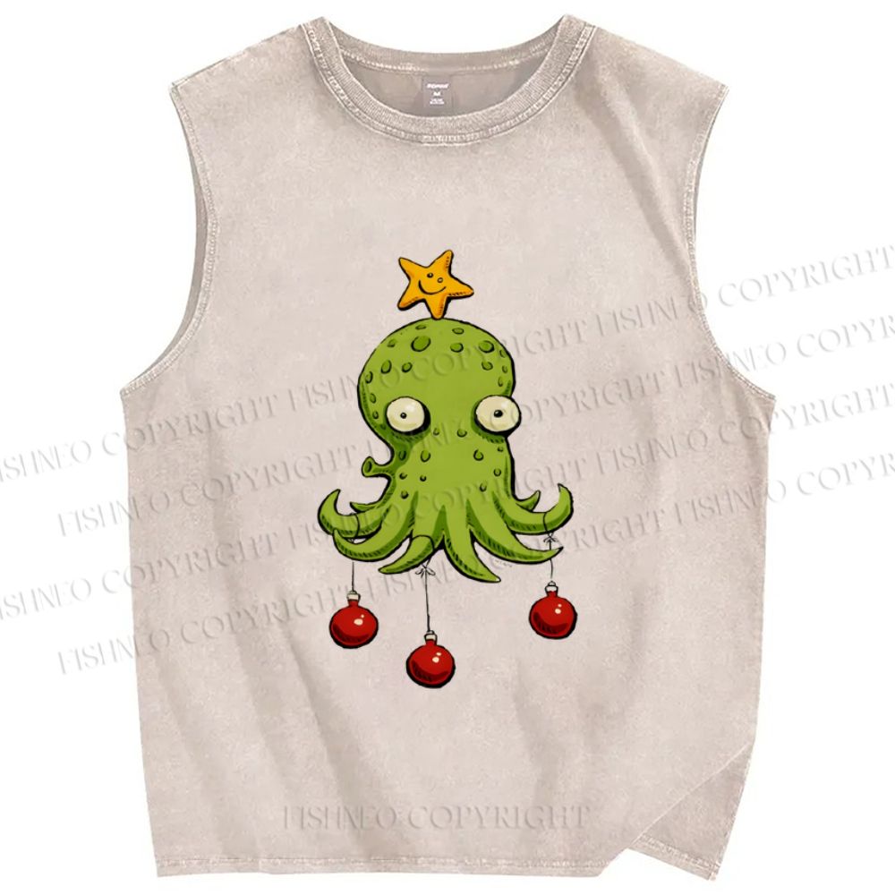Unisex Silly Octopus Hang With Christmas Ball Printed Washed Tank Top