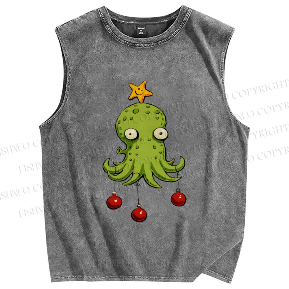 Unisex Silly Octopus Hang With Christmas Ball Printed Washed Tank Top