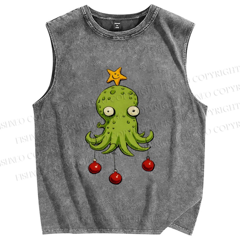 Unisex Silly Octopus Hang With Christmas Ball Printed Washed Tank Top