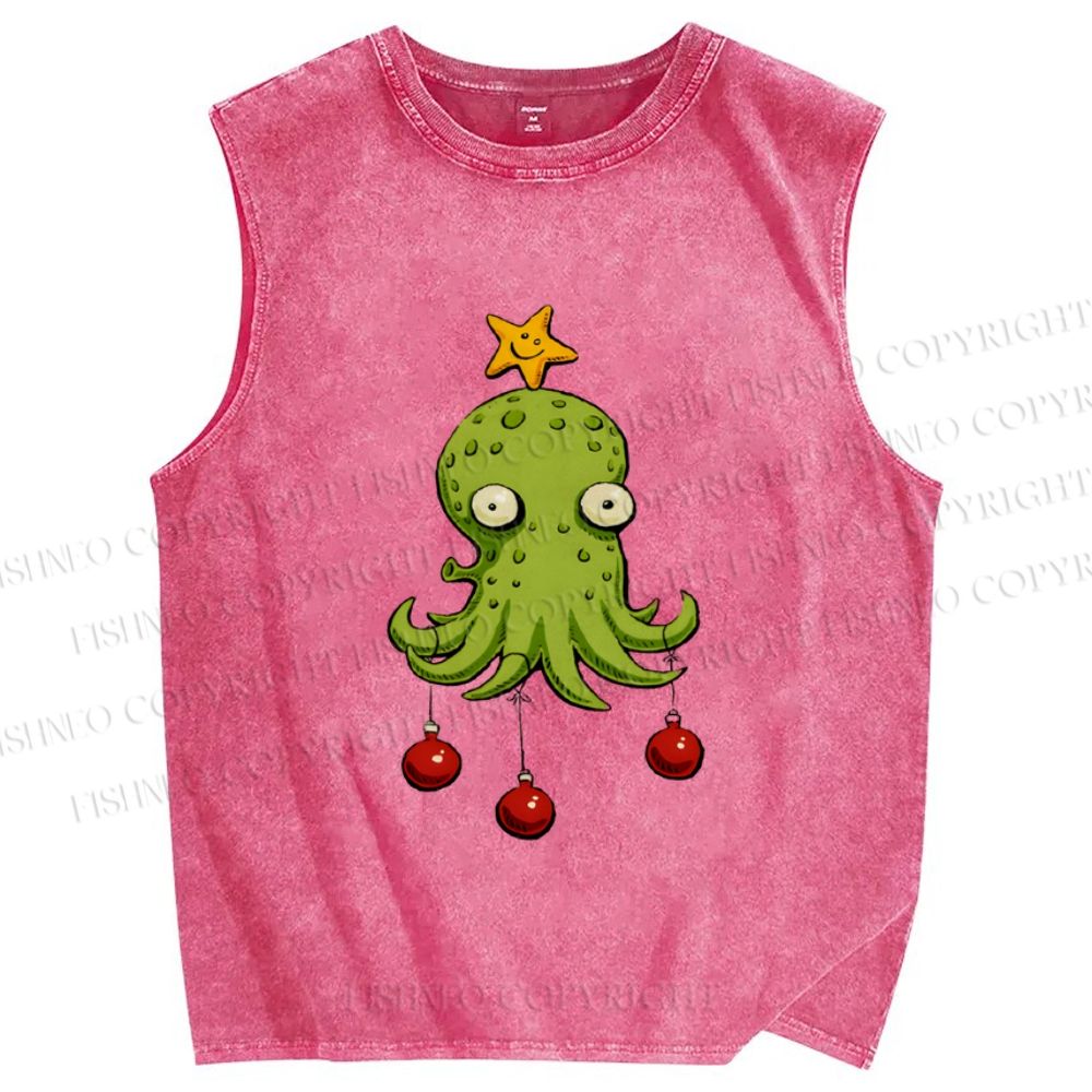 Unisex Silly Octopus Hang With Christmas Ball Printed Washed Tank Top