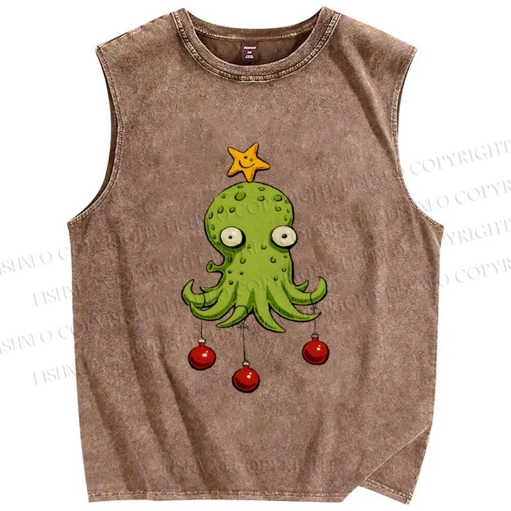 Unisex Silly Octopus Hang With Christmas Ball Printed Washed Tank Top