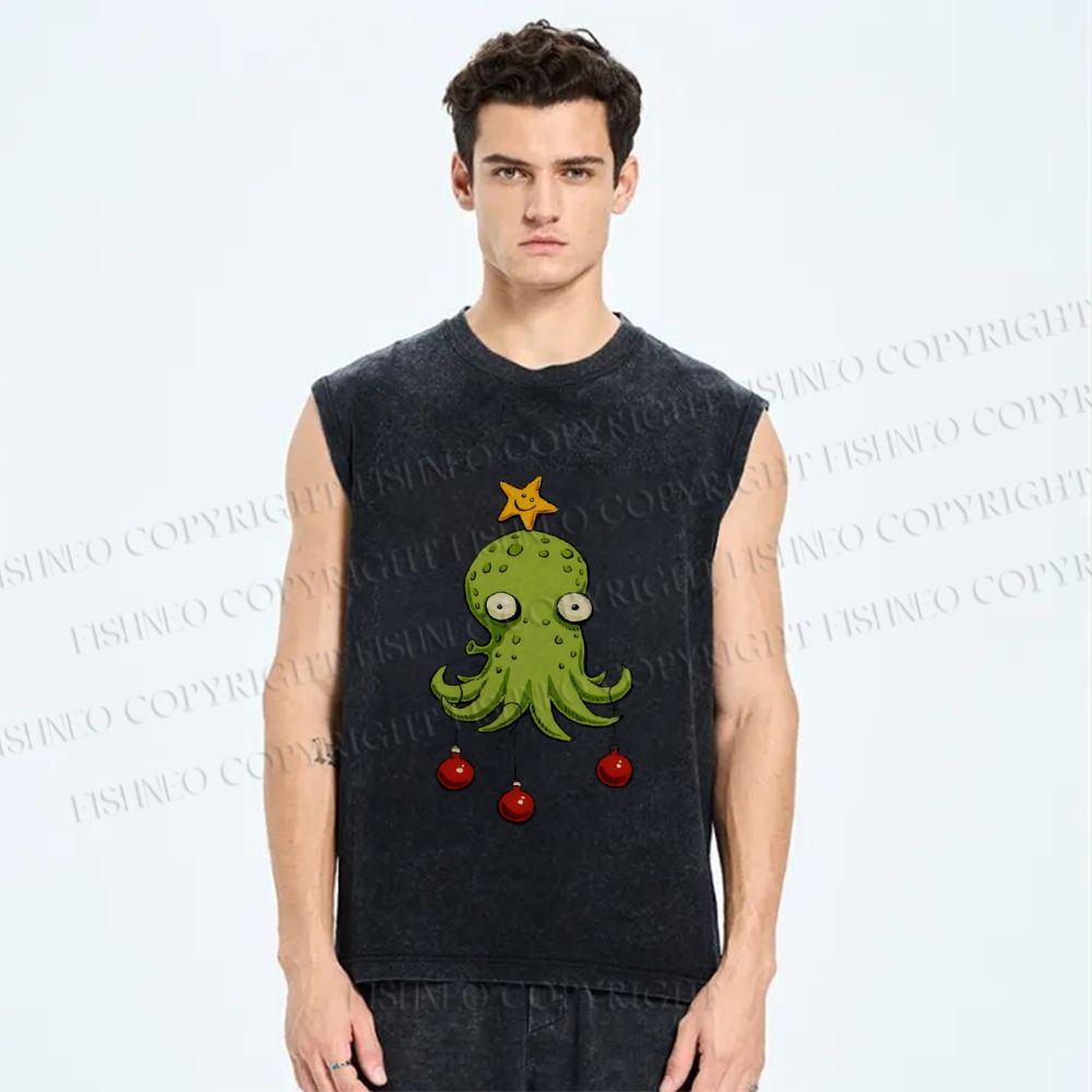 Unisex Silly Octopus Hang With Christmas Ball Printed Washed Tank Top
