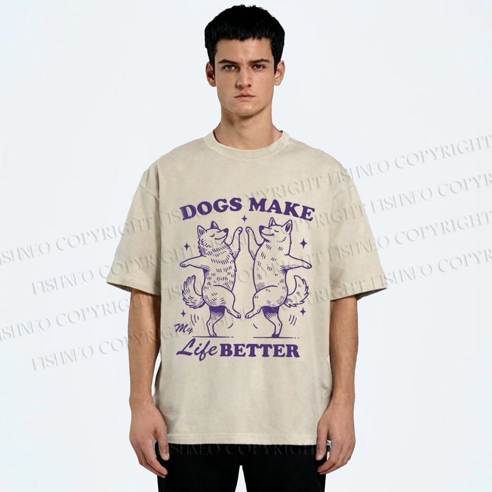 Unisex Vintage Dancing Dogs Make Life Better Printed Washed Tee