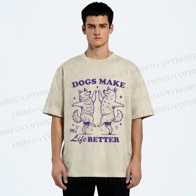 Unisex Vintage Dancing Dogs Make Life Better Printed Washed Tee