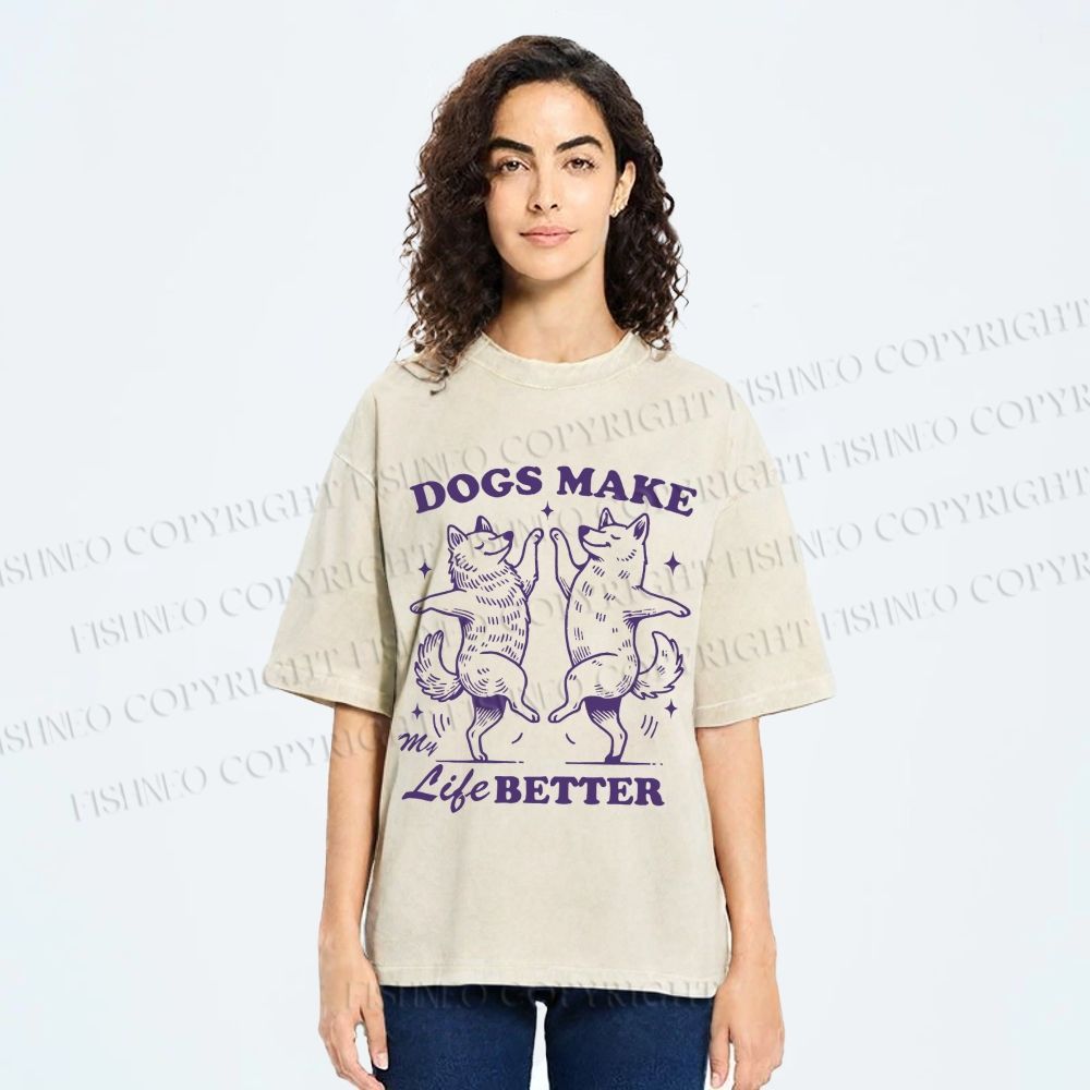 Unisex Vintage Dancing Dogs Make Life Better Printed Washed Tee