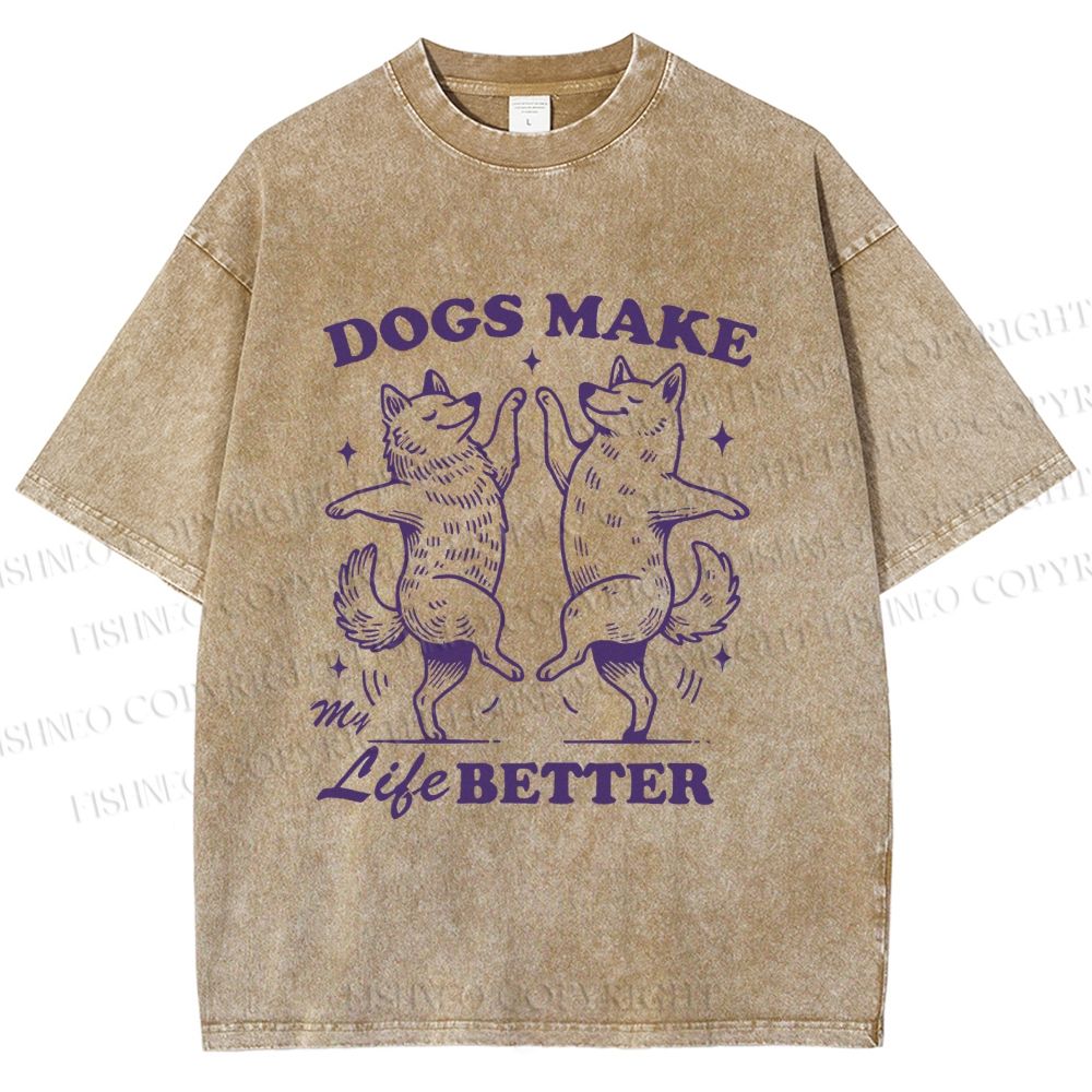 Unisex Vintage Dancing Dogs Make Life Better Printed Washed Tee