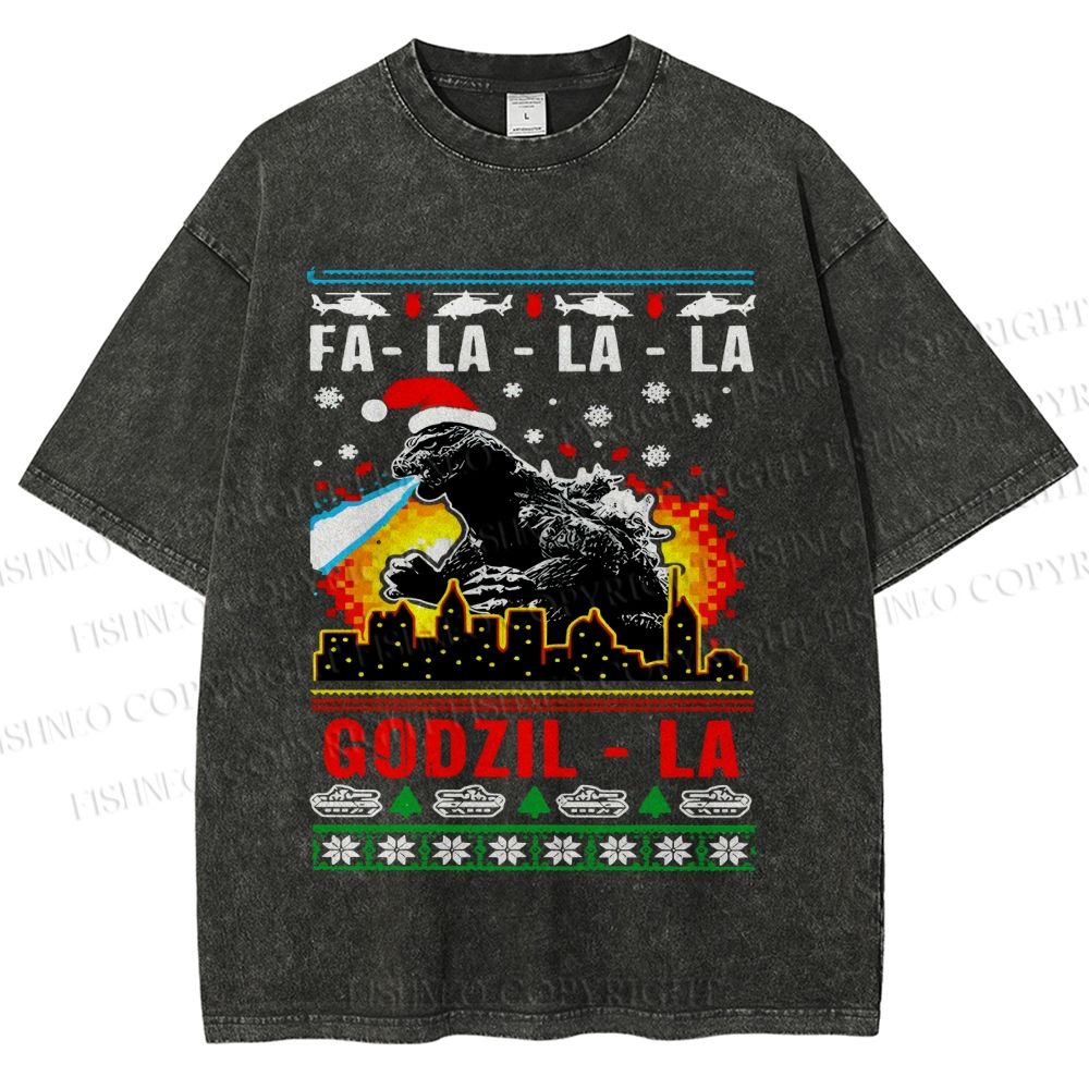 Unisex Christmas Godzilla Printed Washed Tee