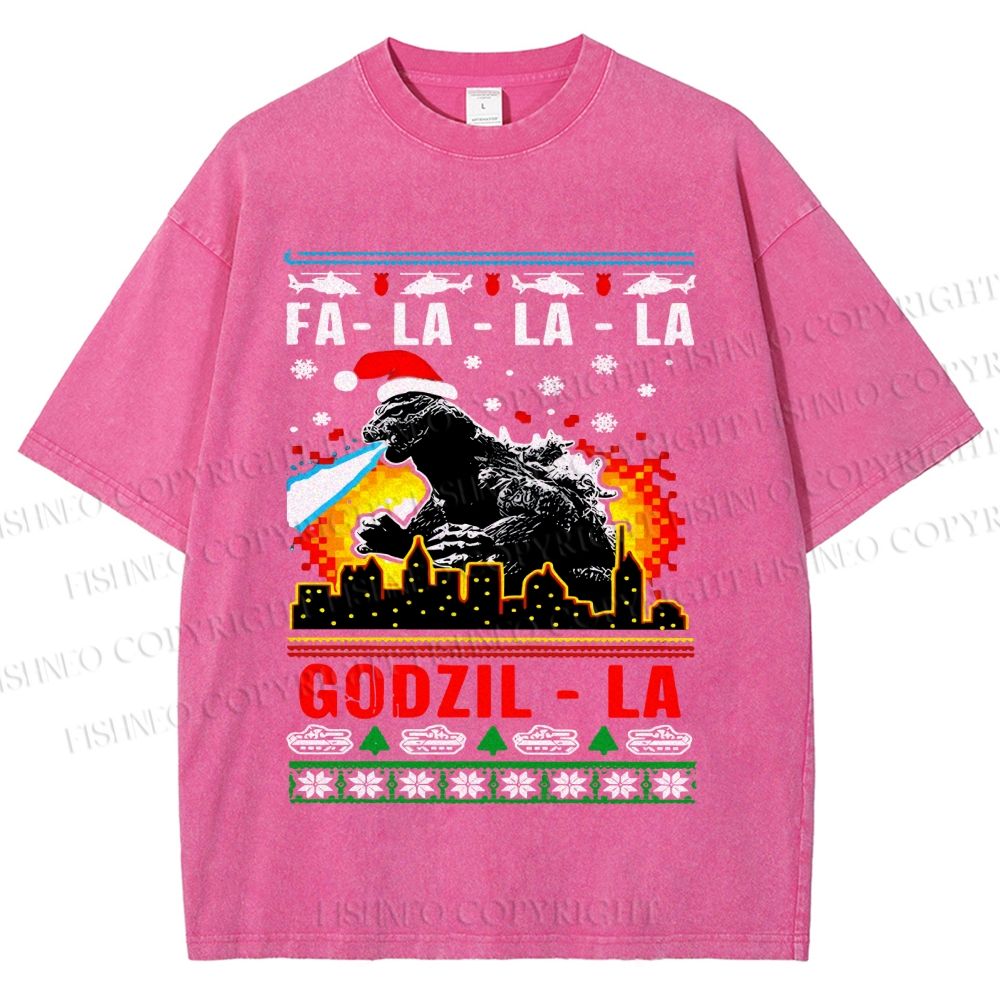 Unisex Christmas Godzilla Printed Washed Tee
