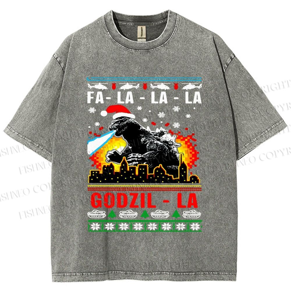 Unisex Christmas Godzilla Printed Washed Tee