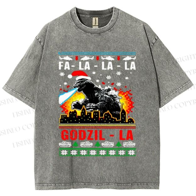 Unisex Christmas Godzilla Printed Washed Tee