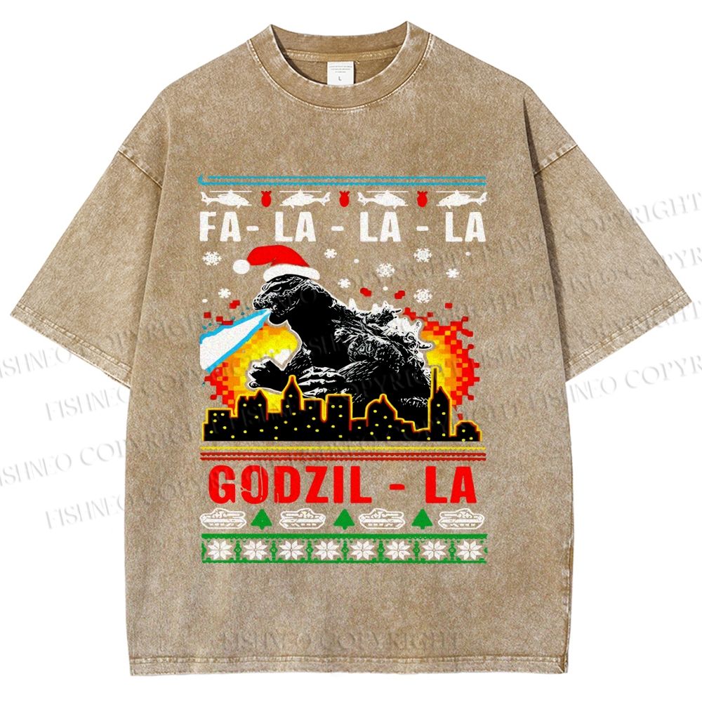 Unisex Christmas Godzilla Printed Washed Tee