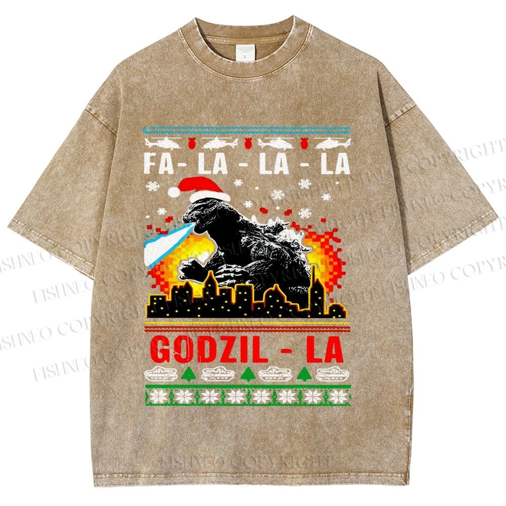 Unisex Christmas Godzilla Printed Washed Tee