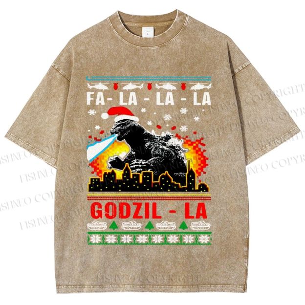 Unisex Christmas Godzilla Printed Washed Tee