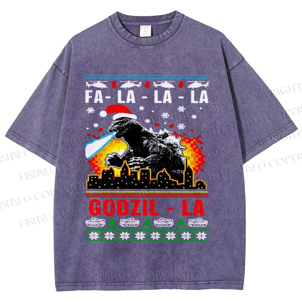 Unisex Christmas Godzilla Printed Washed Tee