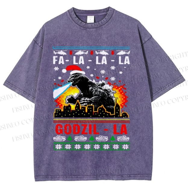Unisex Christmas Godzilla Printed Washed Tee