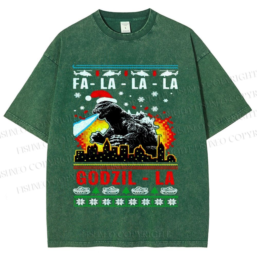Unisex Christmas Godzilla Printed Washed Tee