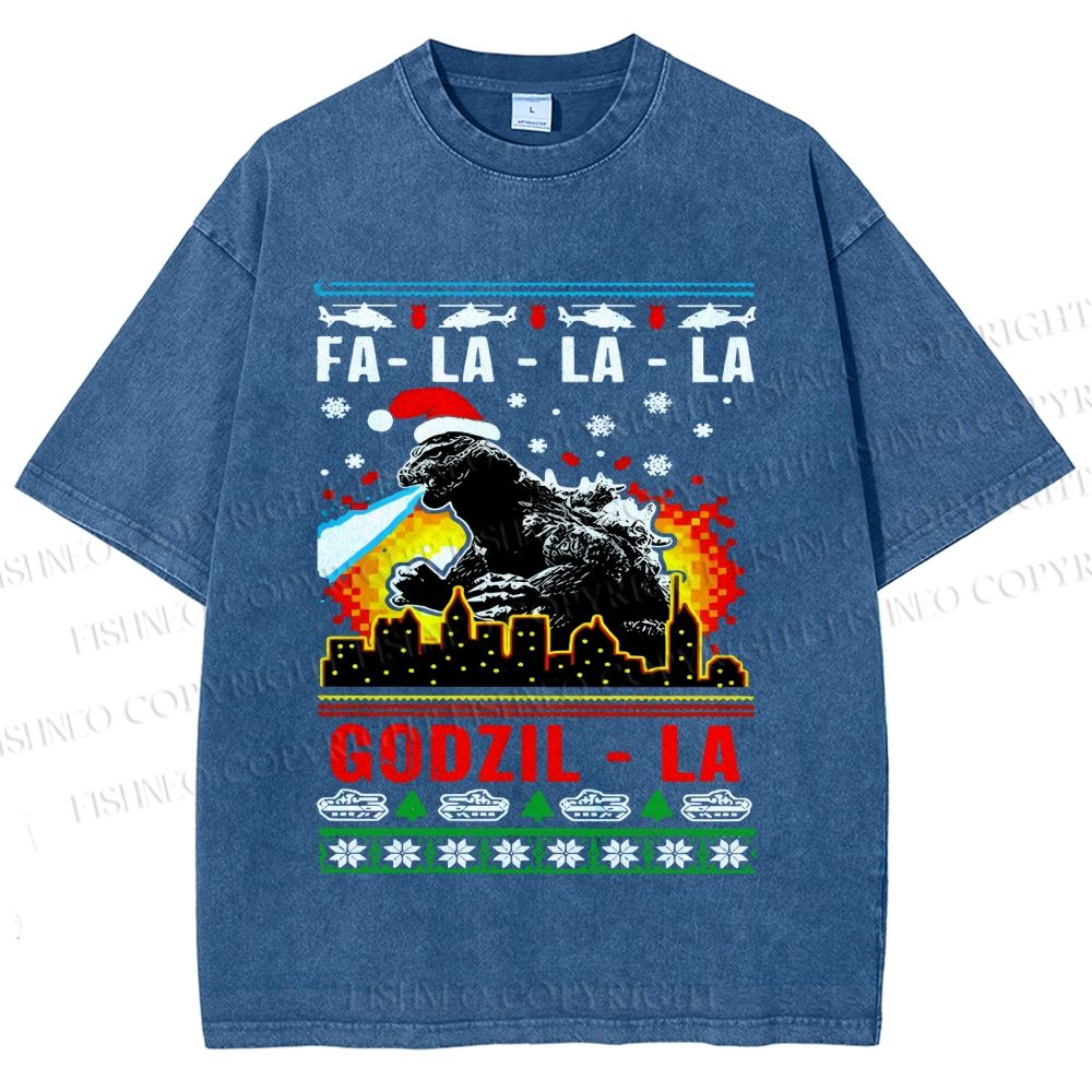Unisex Christmas Godzilla Printed Washed Tee
