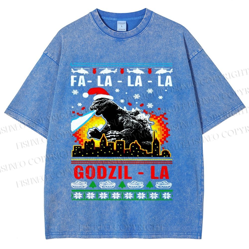 Unisex Christmas Godzilla Printed Washed Tee