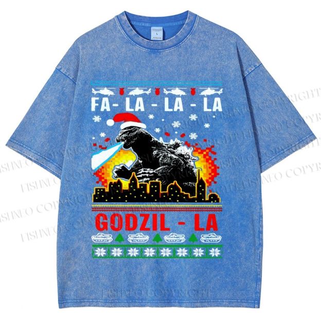 Unisex Christmas Godzilla Printed Washed Tee