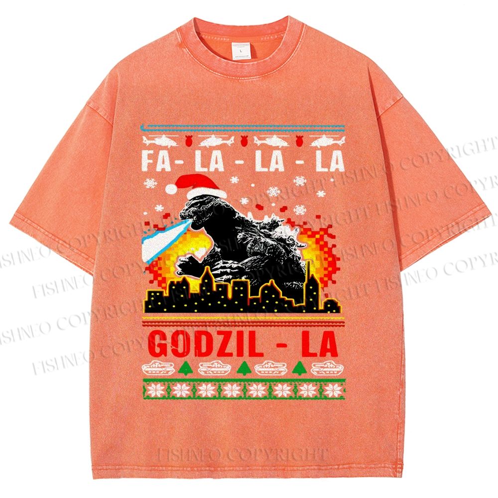 Unisex Christmas Godzilla Printed Washed Tee