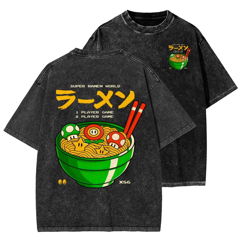 Unisex Super Ramen World Front And Back Printed Washed Tee