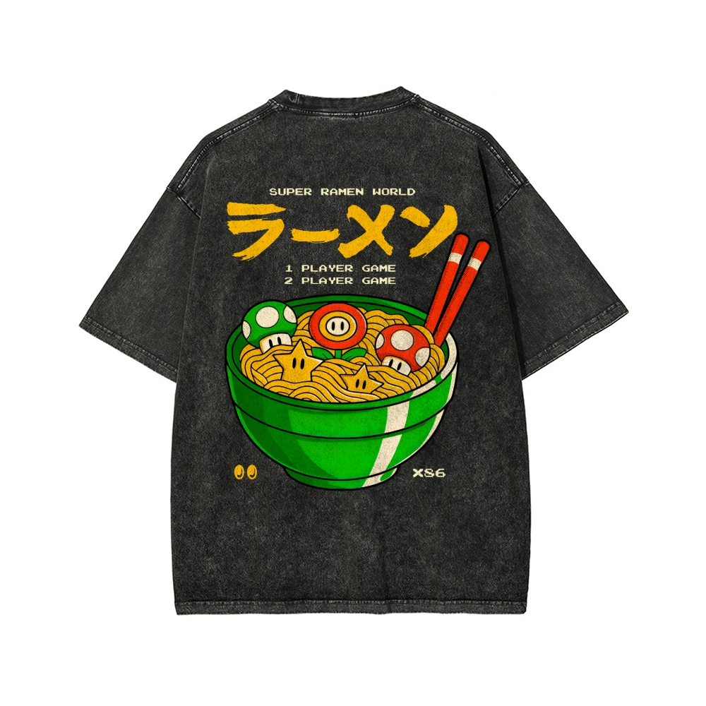 Unisex Super Ramen World Front And Back Printed Washed Tee