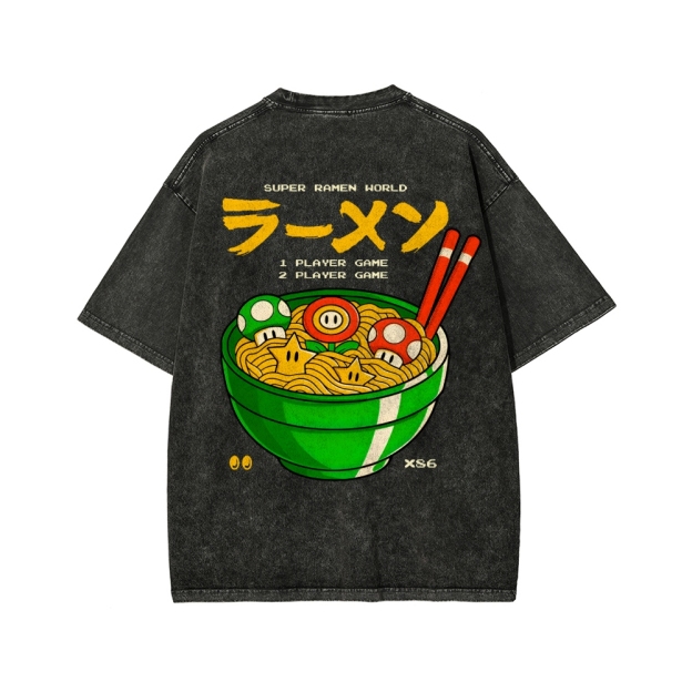 Unisex Super Ramen World Front And Back Printed Washed Tee