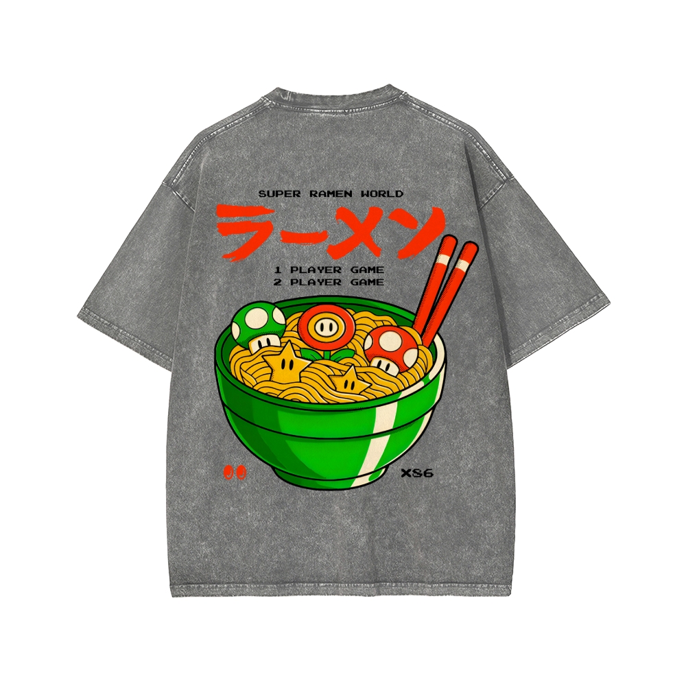 Unisex Super Ramen World Front And Back Printed Washed Tee