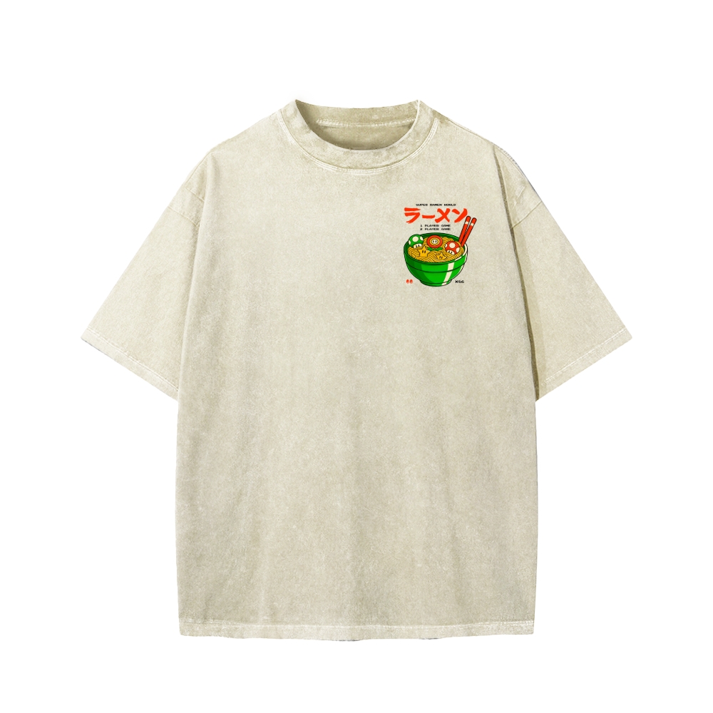 Unisex Super Ramen World Front And Back Printed Washed Tee