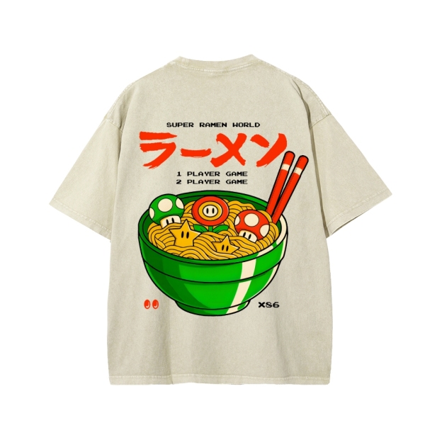 Unisex Super Ramen World Front And Back Printed Washed Tee
