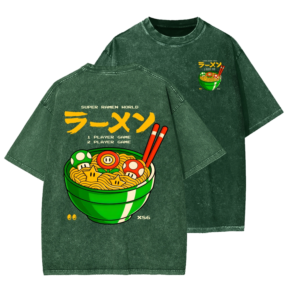 Unisex Super Ramen World Front And Back Printed Washed Tee