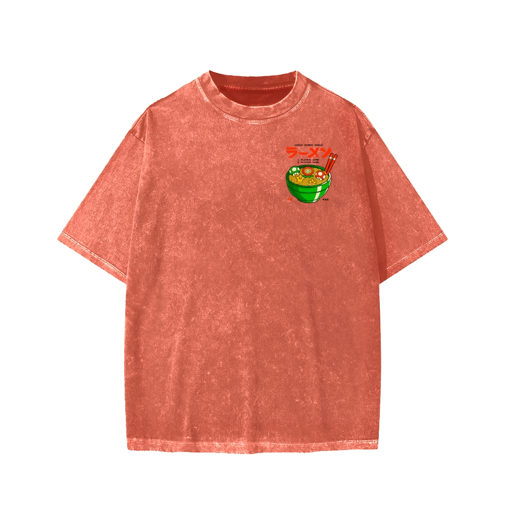 Unisex Super Ramen World Front And Back Printed Washed Tee