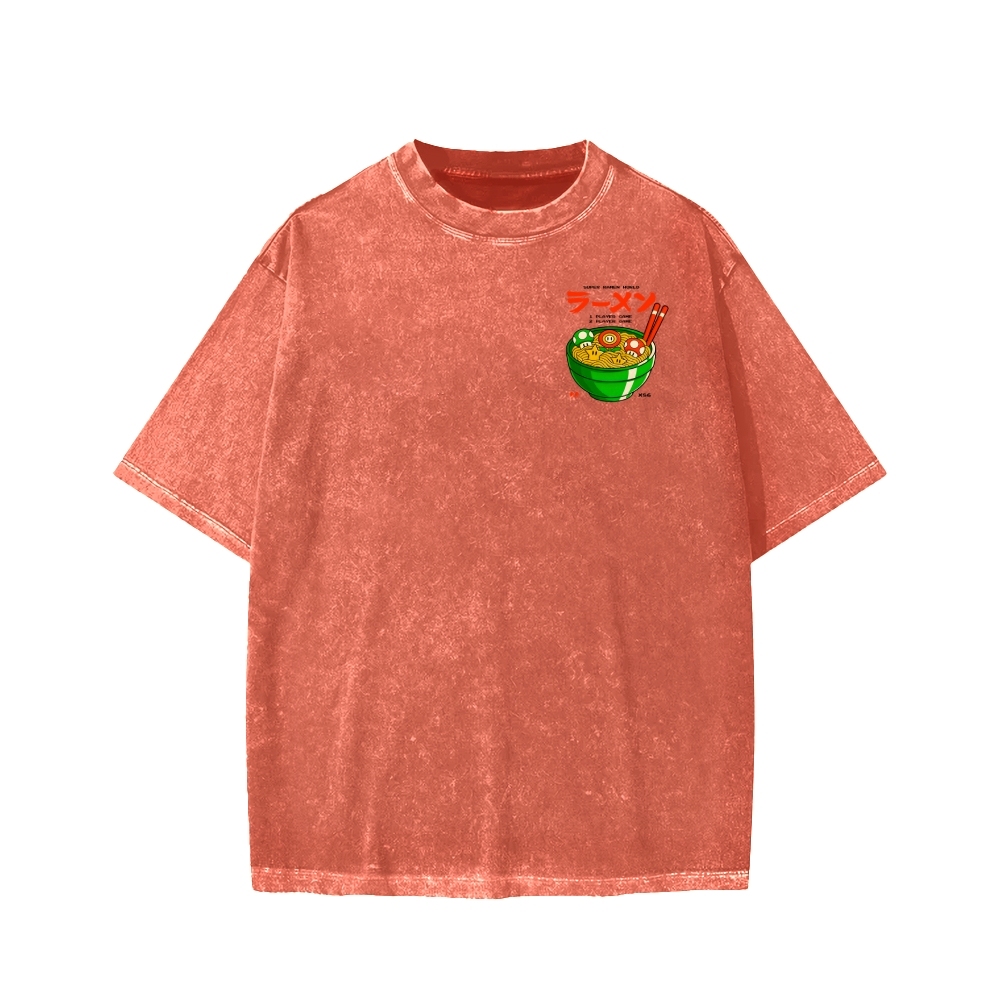 Unisex Super Ramen World Front And Back Printed Washed Tee