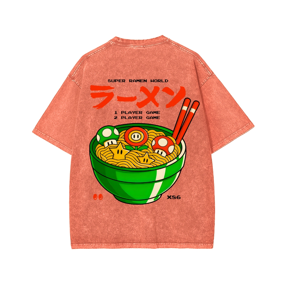 Unisex Super Ramen World Front And Back Printed Washed Tee